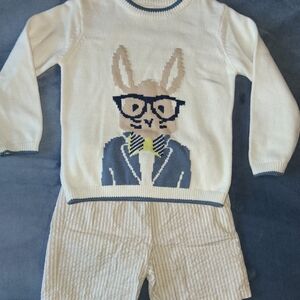 Cream Bunny Graphic Sweater Set with Blue Accents